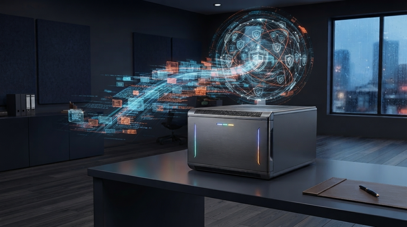 Micro Data Center local avec projection holographique de sécurité dans un bureau moderne