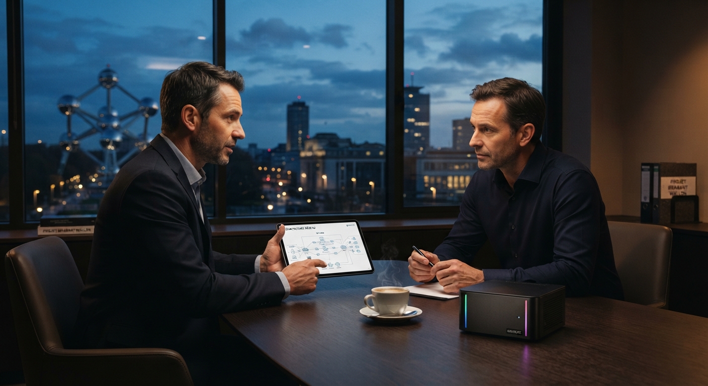 Collaboration et rendez-vous technique entre expert et client dans un bureau moderne avec vue sur Bruxelles au crépuscule